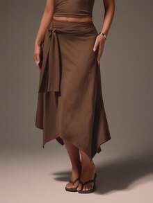 MISSGUIDED Asymmetric Midi Wrap Skirt With Tie Waist Detail And Handkerchief Hem For Casual Everyday Occasions - Brown - View 1
