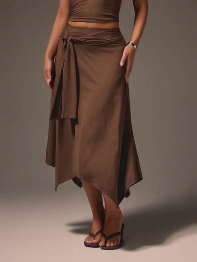 MISSGUIDED Asymmetric Midi Wrap Skirt With Tie Waist Detail And Handkerchief Hem For Casual Everyday Occasions