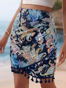 SHEIN Frenchy Chân váy quấn thanh lịch dành cho nữ, họa tiết retro, viền tua rua. - Màu xanh hải quân - Xem 4