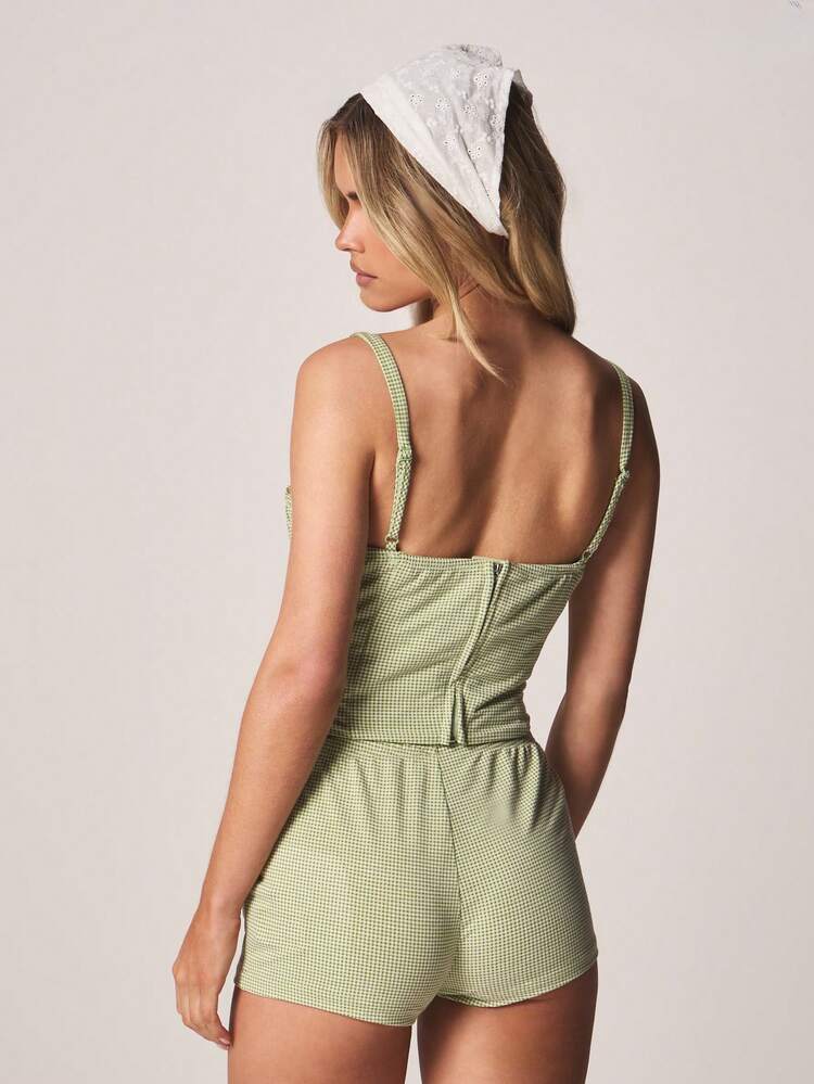 MISSGUIDED Top corto a corsetto con scollo a cuore e chiusura con bottoni, in tessuto a quadri color salvia