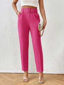 Aveloria Modichic Women's Casual Pocketed Solid Belted Tapered Pants - Hot Pink - View 5