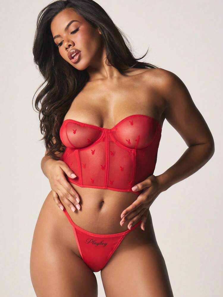 Missguided x Playboy Strapless Mesh Corset With Bunny Print And Structured Underwire Cups For Night Intimate Wear