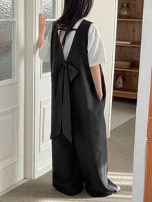 DAZY 少女简约宽松口袋连体裤，夏季 - 黑色 - 查看 1