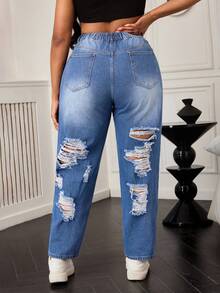 SHEIN SXY Plus Size Distressed Loose Mom Jeans - Medium Wash - View 2
