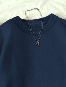 Elamini Women's Casual Solid Color Pullover Sweater - Navy Blue - View 6