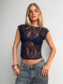 Aloruh 女士性感优雅薄纱蕾丝圆领短袖T恤 - 藏蓝色 - 查看 4