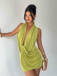 Aloruh Vestido sexy con espalda descubierta y drapeado trenzado, adecuado para vacaciones de primavera/verano - Verde - Ver 9