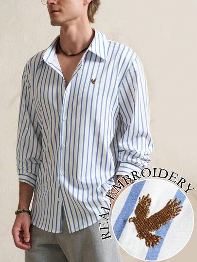 Airaco قميص كاجوال للرجال بأكمام طويلة فضفاض مطرز بطيور وخطوط، مناسب للعطلات والتنقل، للربيع والخريف