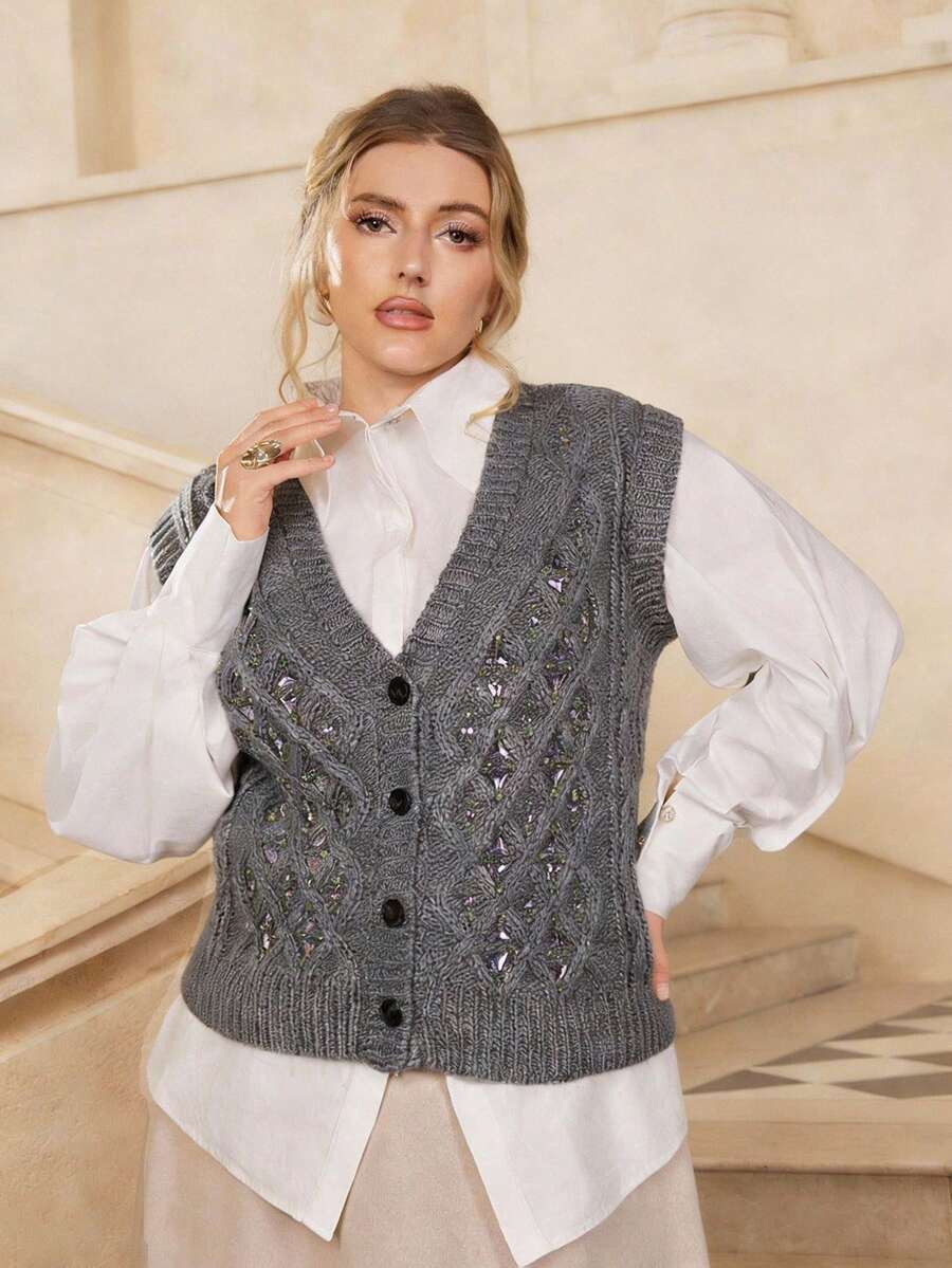 VOLUPTÉ CURVE Top corto sin mangas de punto con cuello en V, diseño geométrico hueco floral en gris, elegante y casual, versátil para capas y uso diario, ropa de mujer talla grande para primavera, muy recomendado
