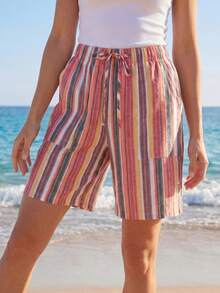 Sylviya 女式彩虹条纹腰带口袋短裤 - 彩色 - 查看 3