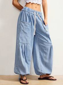 Bohemela 女士休闲抽绳宽松牛仔裤，街头时尚 - 淺色水洗藍 - 查看 3