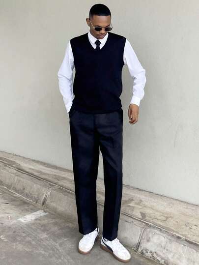 Ngobest Haus Ngobest Haus Chaleco de punto de cuello en V de unicolor casual para hombres, versátil (camiseta no incluida), otoño/invierno