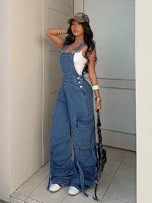 StreetHx Women's Casual Versatile Everyday Denim Jumpsuit With Pockets And Buttons - Blue - View 4