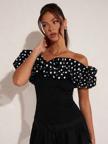 COSMINA Women's Elegant Black And White Polka Dot Off-Shoulder Puff Sleeve Top,Summer Chic Ruffle Contrast Color Fashion Top For Date Night,Office,Party - Black and White - View 5