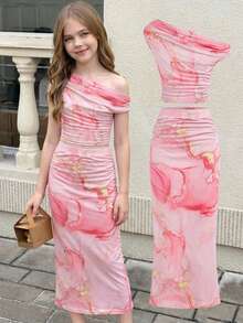 SHEIN Girls Asymmetric Shoulder Print Short Sleeve T-Shirt And Midi Skirt 2 Pieces Elegant Vacation Set - Pink - View 14