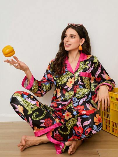 年轻时尚活力豹纹花卉植物印花撞色纯色翻领开衫女士睡衣套装