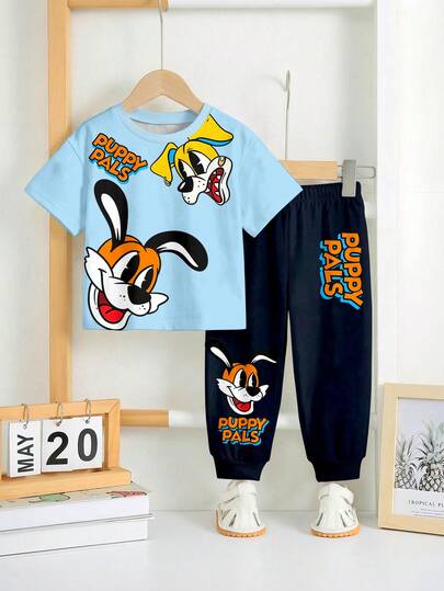SHEIN 2pcs/Set Casual Cute Cartoon Print Loose Comfortable Round Neck Short Sleeve Top And Pants Set For Young Boys