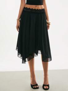 Poéselle Women's Elegant Contrast Lace Asymmetric Hem Skirt, Suitable For Dates And Commuting  Elegant Skirt  Valentine's Day Outfit  Daily & Date Night Essential   From Spring To Summer   Valentine's Day Outfit - Black - View 9