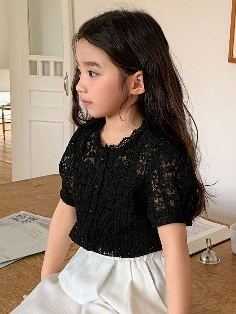 Young Girl' Round Neck Lace Puff Sleeve Cute Sweet Shirt Summer