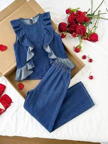 SHEIN Ensemble 2 pièces Top à encolure ronde sans manches avec volants et pantalon en jean pour préadolescentes, style preppy pour le printemps et l'été, convient pour le printemps, l'été, les vacances et les sorties à la plage, short blanc, tenue d'été mignonne pour filles - Jean brut - Voir 3