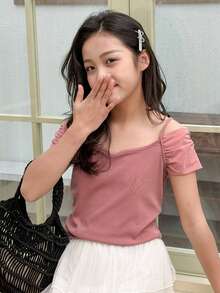 DAZY Áo hai dây trễ vai màu trơn dáng casual cho bé gái tuổi teen, mùa hè - Hồng - Xem 2