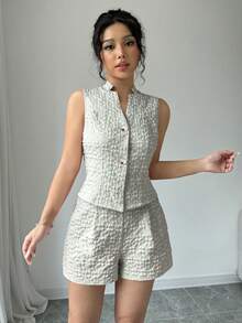 Selianne 女士夏季休闲度假通勤纯色提花无袖衬衫和短裤套装 - 橄欖綠 - 查看 4