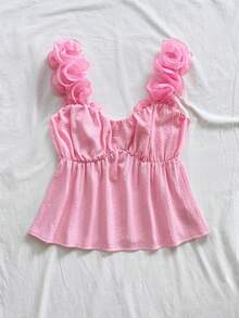 Soleia 女士纯色3D立体花卉装饰褶皱吊带背心 - 粉色 - 查看 4