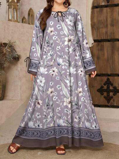 SHEIN Najma Đầm maxi dài tay cổ chữ V thắt nơ phía trước kiểu Ả Rập thanh lịch dành cho nữ cỡ lớn, họa tiết hoa cổ điển, thích hợp cho mùa xuân.