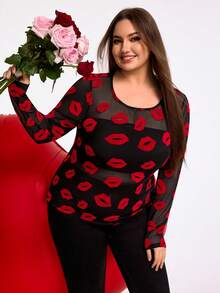 SHEIN CURVE+ 加大码/情人节/大码透视长袖上衣，万圣节，秋季/秋冬季 - 黑色 - 查看 4