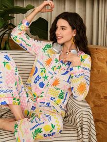 Women's Single-Breasted Starfish & Shell Print Long Sleeve Top And Wide Leg Pants Casual Loungewear Set - Multicolor - View 4