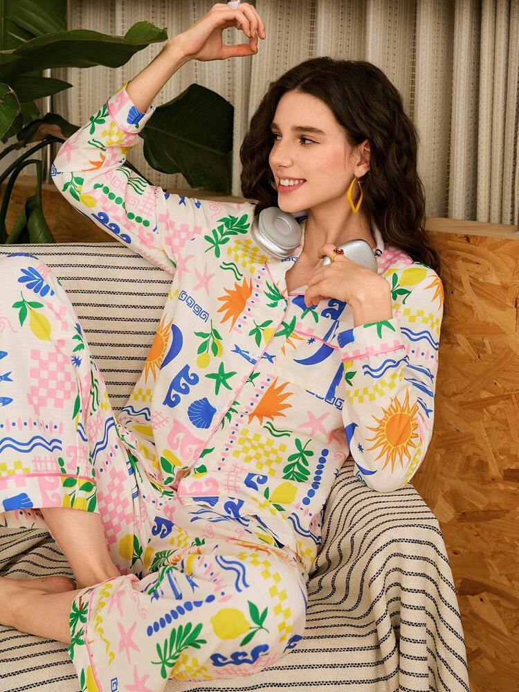 Women's Single-Breasted Starfish & Shell Print Long Sleeve Top And Wide Leg Pants Casual Loungewear Set - Multicolor - View 4