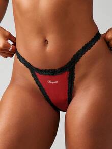 MISSGUIDED Lace Trim Embroidered Thong With Text Print For Women Intimate Underwear Lingerie - Red - View 1
