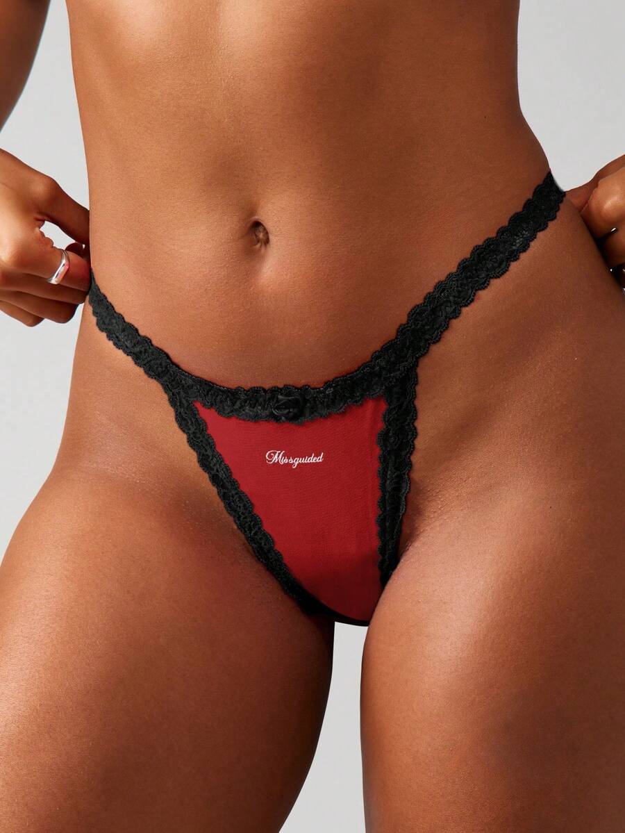 MISSGUIDED Lace Trim Embroidered Thong With Text Print For Women Intimate Underwear Lingerie - Red - View 1