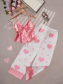 Faux Silk Knotted Front Floral Print Wide Leg Pants Set Babydoll Pajama Set Lingerie Pajamas Set Pink Silk Pajamas Set Bow Pajama Set Pajama Set - Pink - View 7