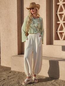 Wildy Chemise à manches longues évasée de style basique, couleur unie, style country western décontracté bohème pour femmes. Idéal pour la sortie, les vacances et les déplacements - Vert - Voir 4