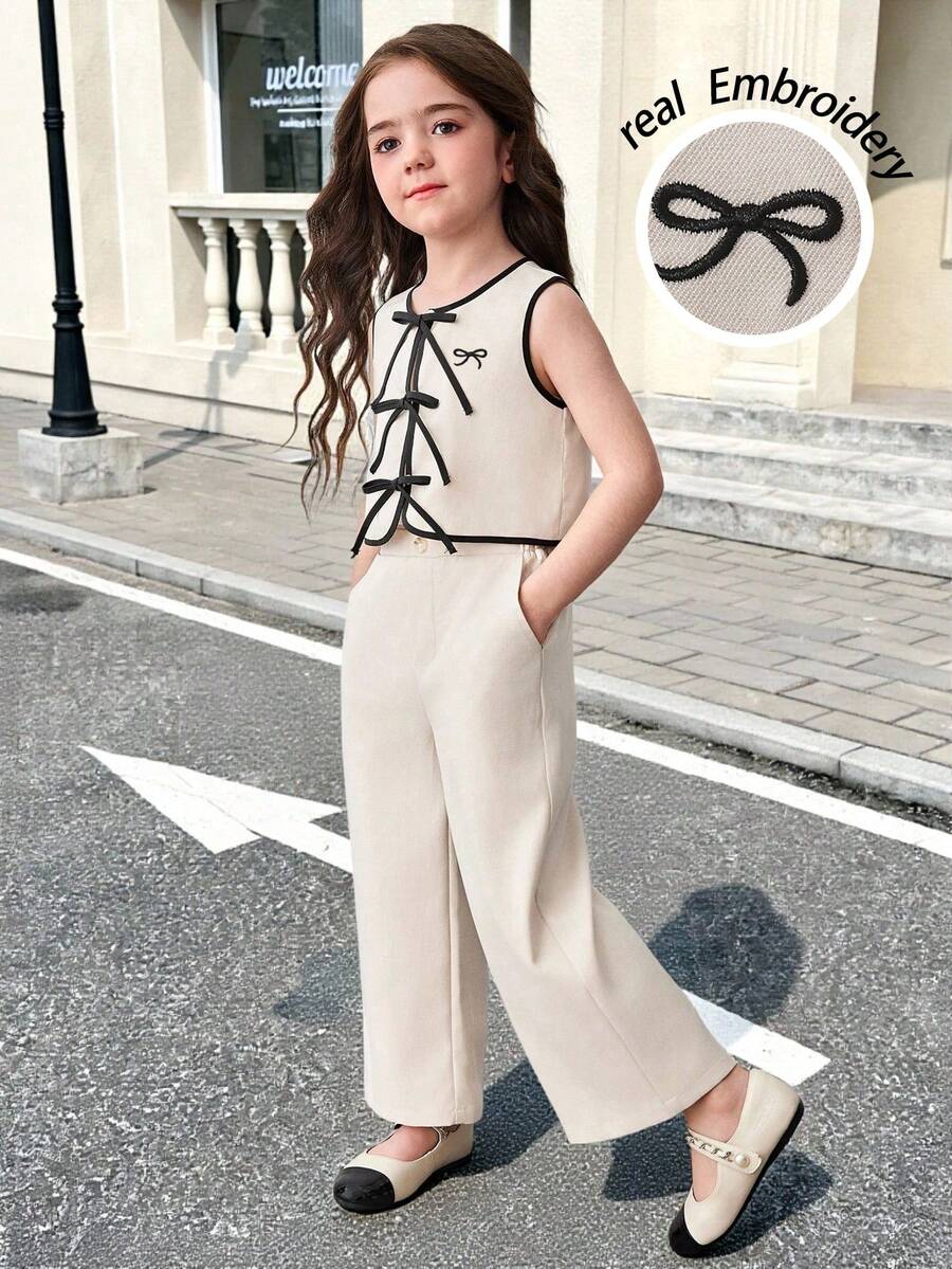 Set de 2 piezas de traje informal y elegante para niñas con chaleco de cuello redondo con lazo de contraste y pantalones cortos, para primavera/verano - Caqui - Ver 1