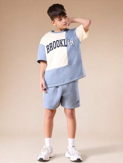 SUMWON Oversized Boys Brooklyn Print Color Block T-Shirt And Shorts Co-Ord Set With Short Sleeves Crew Neck Summer Casual Outfit