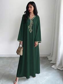 SHEIN Najma 女士腰果花印花V领长袖优雅阿拉伯风长连衣裙，春秋季 - 彩色 - 查看 4