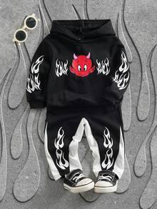 SHEIN HOT STUFF Baby Boy Casual Flame & Cartoon Pattern Hoodie Sweatshirt And Sweatpants Set, Autumn - Black - View 1