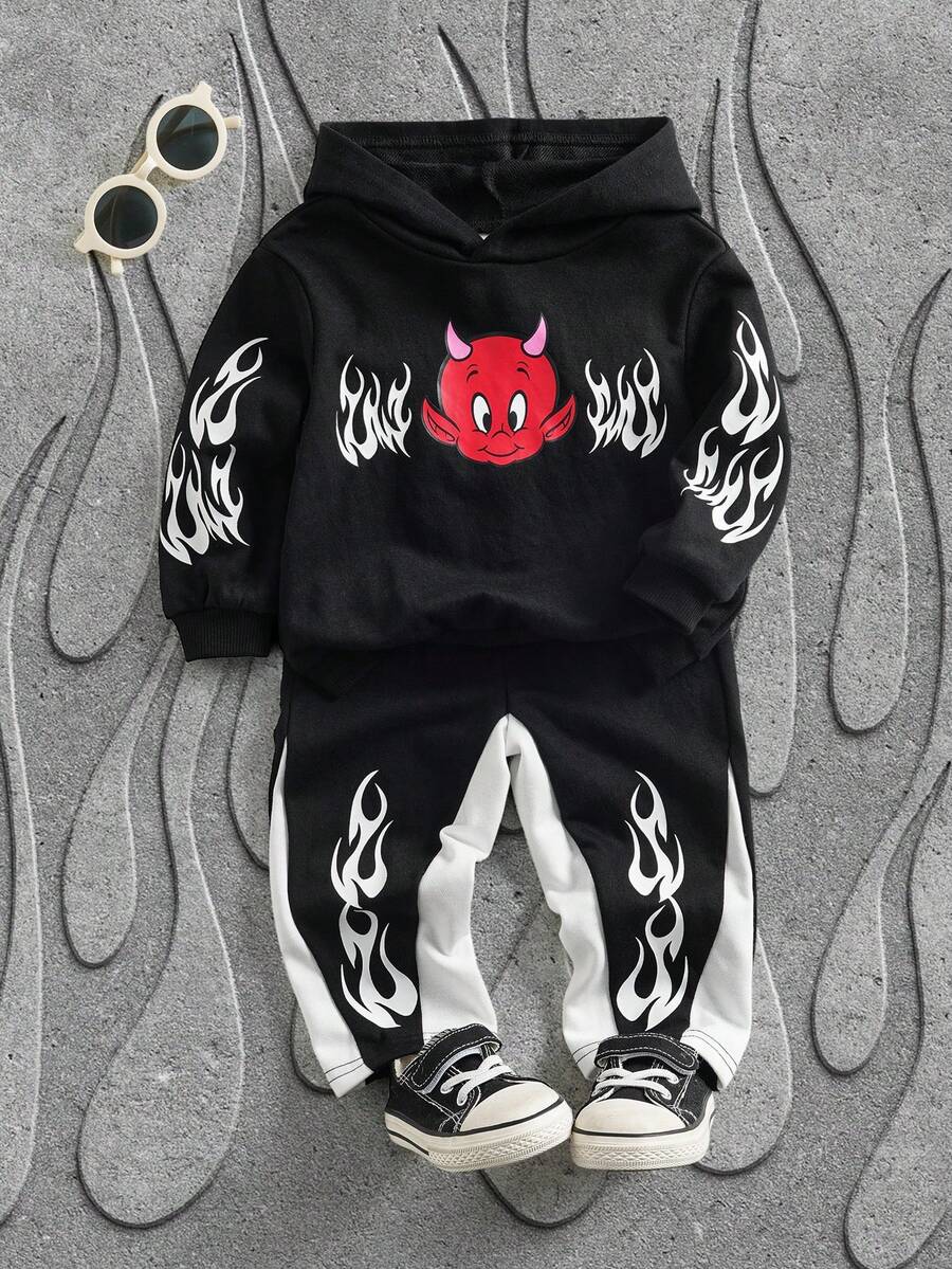 SHEIN HOT STUFF Baby Boy Casual Flame & Cartoon Pattern Hoodie Sweatshirt And Sweatpants Set, Autumn - Black - View 1