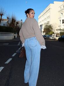 NegzBox Autumn New Loose Casual Lace Patchwork Women Sweater - Brown - View 2