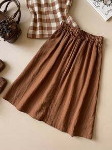 Muvela New Spring/Summer Coffee Brown Elastic Waist Drawstring Adjustable Ruched A-Line Skirt, Versatile Summer Outfit - Brown - View 5