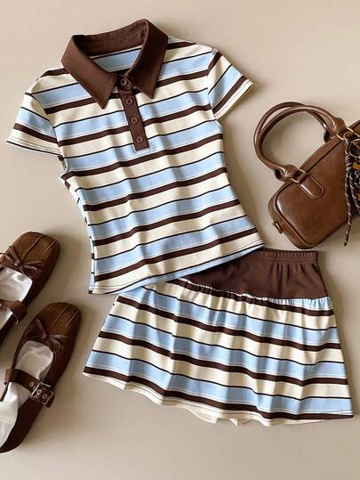 Muvela Spring/Summer New Coffee & Blue Striped Pattern Polo Collar Fitted T-Shirt, Contrast Elastic Waist Fitted Skirt, Fashionable Academic Style Outfit, Cute Sweet Elegant, Suitable For Office, Formal Occasions, Summer Wear