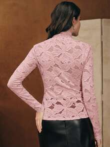 Casual Women's Baby Pink Semi-Sheer Lace Top, Stand Collar Long Sleeve With Elegant Plant Pattern And Rib-Knit Details - Baby Pink - View 7