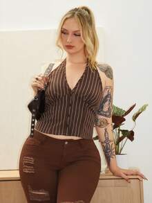 Arliah Women Cotton Striped Stand Collar Single-Breasted Vest Thin Blazer In Fall/Winter - Brown - View 1