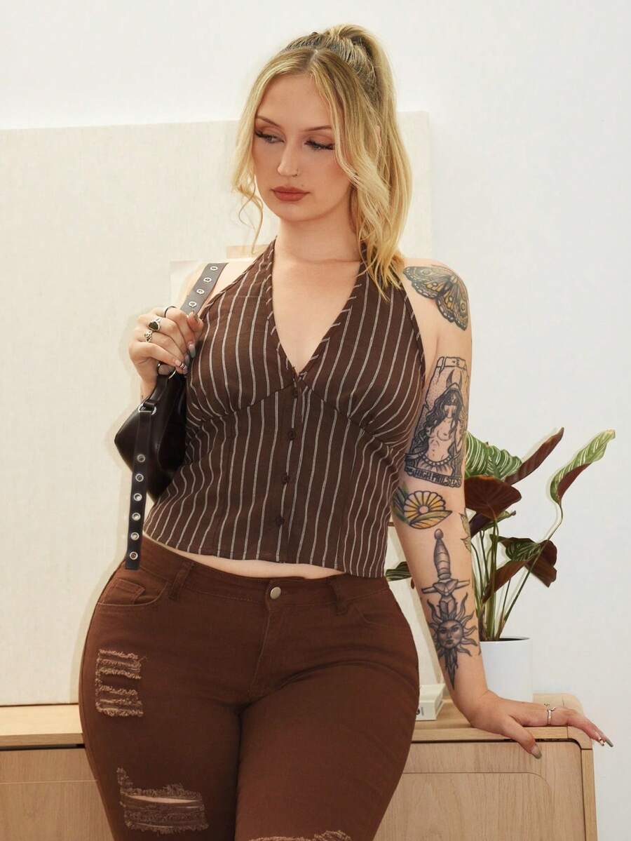 Arliah Women Cotton Striped Stand Collar Single-Breasted Vest Thin Blazer In Fall/Winter - Brown - View 1