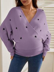 SHEIN Maternity Contrast Color Heart Print V-Neck Long Sleeve Sweater - Purple - View 8