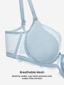 Plus  Woman Blue Lingerie Full Coverage Support&Breathable Underwire Sexy Unlined Sheer Minimizer Lace Bra - Blue - View 8