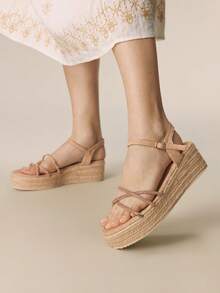 Styleloop Women's Woven Rope Platform Wedge Sandals, Vacation Style BOHO Chic Retro American Western Music Festival Party Outfit Holiday Travel Essential Boho Cowgirl Outfit - Khaki - View 4