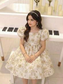 SHEIN Đầm thanh lịch tay phồng họa tiết hoa jacquard trang trí nơ cho bé gái - Rượu sâm banh - Xem 3